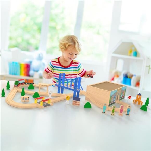 52 Pcs Deluxe Wooden Train Set with Wooden Storage Box Tunnel - Picture 2 of 7